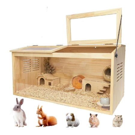 Pet Hamster Cage, Small Animal Cage For Chinchilla Rat, Wooden Hamster Cage, Wooden Guinea Pig Cage With Openable Top And Large Acrylic Sheets, Hamster Habitat