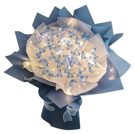COFEST Bows&Ribbons,NEW 33pc Butterflies Flower Bouquet Gift Set With LED Light Great Gift Ideas For Valentine's Day,Birthday,Anniversary,Engagement,Blue,