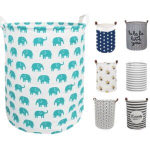 Sortora Large Laundry Basket, Waterproof Canvas Laundry Hamper, Collapsible Storage Basket Bin for Kids Room, Toy Organizer, Nursery Hamper, Clothes Hamper, Green Elephant