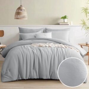 Aisbo Grey Seersucker Comforter Set Queen Size, 3-Piece Soft Textured Bedding Set with 2 Pillow Shams, Breathable Duvet Insert for All Seasons