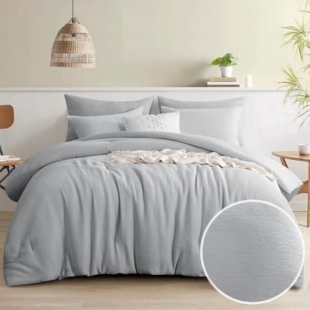 Aisbo Grey Seersucker Comforter Set Queen Size, 3-Piece Soft Textured Bedding Set with 2 Pillow Shams, Breathable Duvet Insert for All Seasons