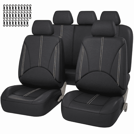 FLORAY Car Seat Covers for Compact Sedans, PU Leather 9-Piece Full Set, Front and Solid Rear Bench, Airbag Compatible, Black