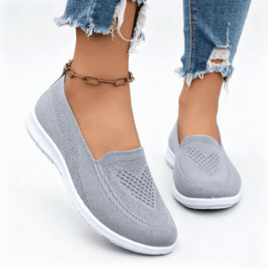 XUNKUSGA Walking Shoes Women Knitted Mesh Lightweight Breathable Anti-Slip Womens Flats Classic Arch Support Women's Slip on Shoes Comfortable Round Toe Casual Shoes Gray