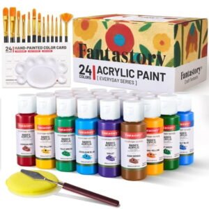 Fantastory Acrylic Paint Set, 2oz 24 Colors Acrylic Craft Paint with 12 Brushes