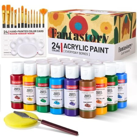 Fantastory Acrylic Paint Set, 2oz 24 Colors Acrylic Craft Paint with 12 Brushes