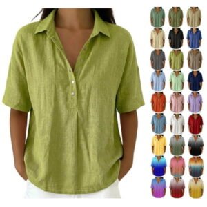 GUACER Collared Shirts for Women V Neck Button Down Blouses Casual Short Sleeve Cotton Linen Tunic Tops