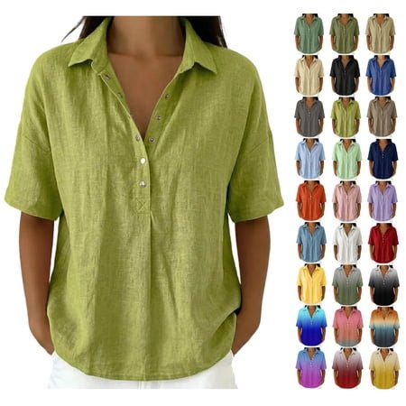 GUACER Collared Shirts for Women V Neck Button Down Blouses Casual Short Sleeve Cotton Linen Tunic Tops