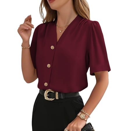 SHEWIN Blouses for Women Dressy Casual Short Sleeve V Neck Button Down Shirts Pleated Summer Business Office Work Tops