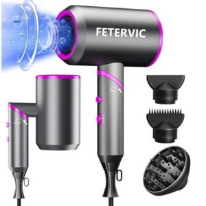 FETERVIC Folding Hair Dryer 2000W, Lightweight Travel Blow Dryer with Ionic Technology, 2 Speed & 3 Heat Settings, Low Radiation, Diffuser & Nozzles Included