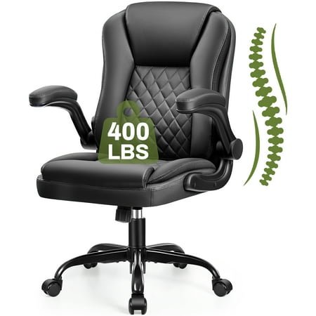 ATHOPE Leather Office Chair, Ergonomic Desk Chair with Flip-up Armrests, Executive Computer Chair for Home Office, 360°Swivel Free, Black