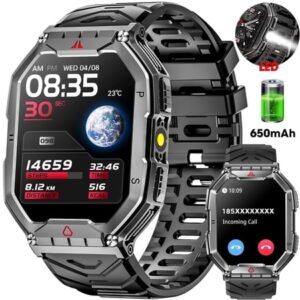 Mingdaln 2.1" AMOLED Men Military Smart watch，with Fitness Tracker/ Answer Make Calls /100+ Sport Modes/1ATM Waterproof, Mountain Travel Pedometer Watch fits for Android and Iphone Devices (Black)