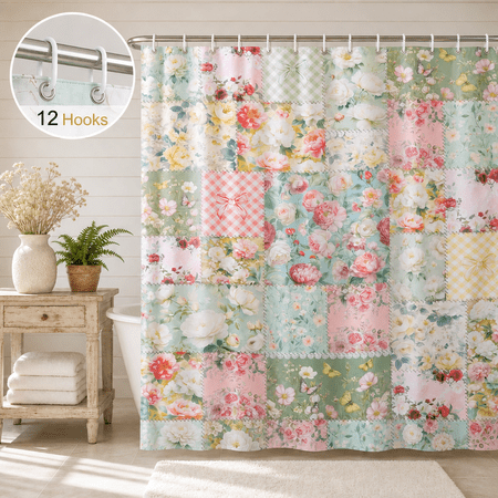 Dznils Floral Shower Curtain with Hooks, Farmhouse Patchwork Fabric Bathroom Curtain, Green Pink, 72" x 72"