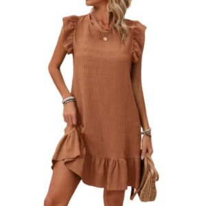 Cuteduck Womens Dresses Ruffle Sleeve Ruffle Hem Round Neck Textures Casual Dresses S-XL