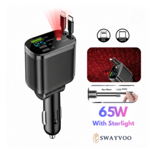 Swayvoo retractable Car Charger 4in1 Fast USB C Car Phone Charger Adapter with Type C Charger & Apple Cords, Compatible with iPhone 17 16 15 14 13 12 11, Galaxy & Pixel with Starlight