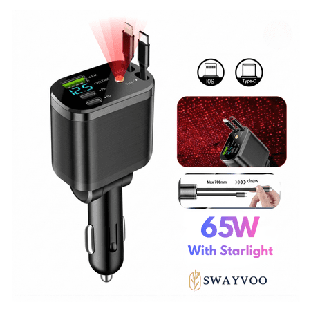 Swayvoo retractable Car Charger 4in1 Fast USB C Car Phone Charger Adapter with Type C Charger & Apple Cords, Compatible with iPhone 17 16 15 14 13 12 11, Galaxy & Pixel with Starlight