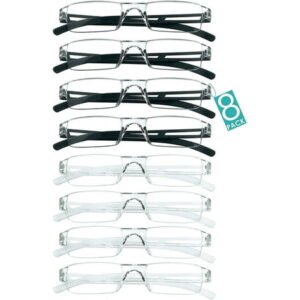 8 Pairs Reading Glasses, Blue Light Blocking Glasses, Computer Reading Glasses for Women and Men, Fashion Square Eyewear Frame (4black+4clear,+3.50 Magnification)