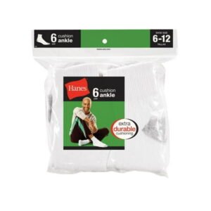 Mens 6-Pack Socks Ankle Cushion Hanes Fits shoe sizes 12-14 Athletic White Black