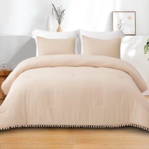 Exclusivo Mezcla Boho Pom Pom Ball Fringe King Size Comforter Set, 3 Pieces Beige Lightweight Down Alternative Bedding Comforter Sets for All Seasons (1 Comforter and 2 Pillowcases)