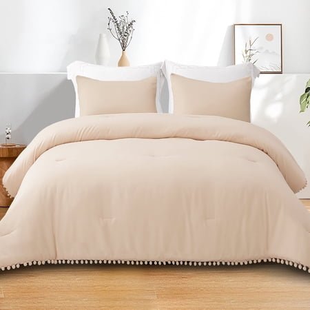 Exclusivo Mezcla Boho Pom Pom Ball Fringe King Size Comforter Set, 3 Pieces Beige Lightweight Down Alternative Bedding Comforter Sets for All Seasons (1 Comforter and 2 Pillowcases)