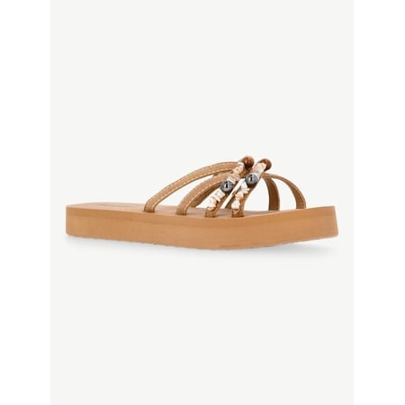 No Boundaries Faux Suede Flip Flop Sandals with Shell Embellishments, Women's
