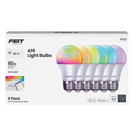 Feit Electric Smart LED 9 Watt (60 Watt Equiv) Color Changing Light Bulb, A19, E26, Dim 6 Pack