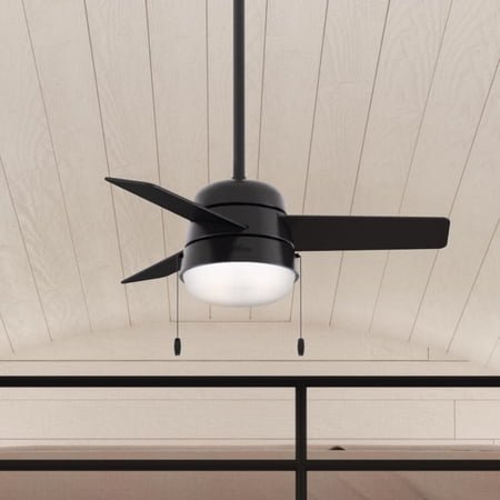 Hunter 36 inch Small Indoor Ceiling Fan with LED Light and Pull Chain - Modern Ceiling Fan, Standard Mount, 3 Blades, For Bedroom, Home Office, or Laundry Room, Quiet - Aker 59302, Matte Black