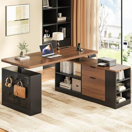 L Shaped Standing Desk, 53" Electric Office Desk with Power Outlets and File Drawers, Corner Computer Desk with Pegboard, Adjustable Height, Walnutu
