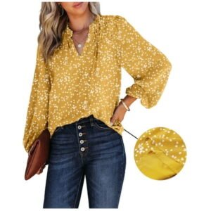 SHEWIN Blouses for Women Long Sleeve V Neck Smocked Tops Casual Boho Floral Print Chiffon Blouse Shirts Yellow M