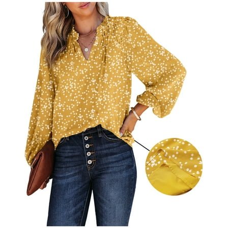 SHEWIN Blouses for Women Long Sleeve V Neck Smocked Tops Casual Boho Floral Print Chiffon Blouse Shirts Yellow M