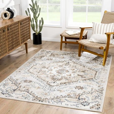 Hauteloom Mudgee Oriental 5'2" x 7' Living Room Bedroom Boho Area Rug - Bohemian Farmhouse Indoor Carpet - Vintage Distressed Medallion Motif - Soft & Neutral - Tan, Brown, Cream, Beige