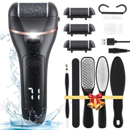 Electric Callus Remover for Foot Rechargeable Electronic Foot File 12 in 1 Professional Pedicure Tools Foot Care Perfect for Dead Hard Cracked and Dead Skin with 3 Roller Heads 2 Speed Battery Display