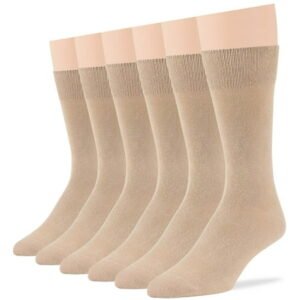 7BIGSTARS KINGDOM Men's Cotton Dress Socks - 6 Pack Large - Solid Casual Crew Lightweight Business Work Sock Size 10-13 Shoe 9-12 L Beige