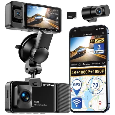 NEXPOW 4K 3 Channel Dash Cam Front Rear Cabin, STARVIS Night Vision, 5G WiFi GPS, FREE 64GB Card Included, WDR, 24H Parking Mode, Loop Recording, G-Sensor