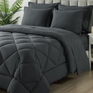 Wishead Queen Bed in a Bag Comforter Set with 7 Pieces - Dark Gray All Season Bedding Sets with Comforter, Pillow Shams, Flat Sheet, Fitted Sheet and Pillowcases