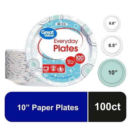 Great Value Disposable Paper Plates, 10 in, 100 Count