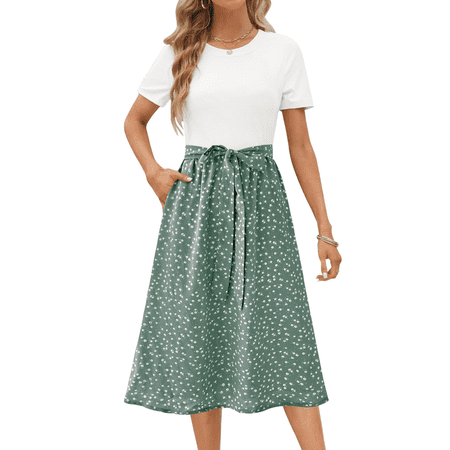 UVN Summer Dresses for Women Short Sleeve Ribbed Casual Midi Dress Ladies Floral Print Sundress with Pockets