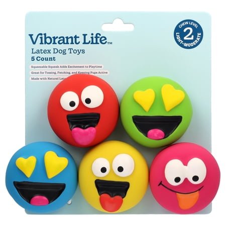 Vibrant Life Multicolor Emoticon Latex Dog Toys with Squeakers, Chew Level 2, 5 Count