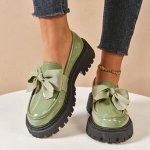 Women Bow Pumps Shoes Round Closed Toe Slip On Oxford Loafer Shoes Patent Leather Mid Block Heels Dress Loafer Two-Toned Office Work Penny Loafers Green Women Sandal