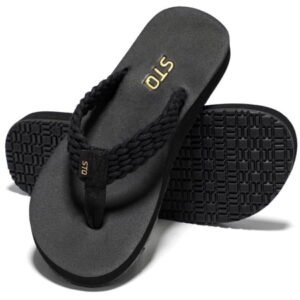 STQ Womens Flips Flops with Yoga Mat Quick Dry Thong Sandals for Water Shower Vacation All Black 8 US