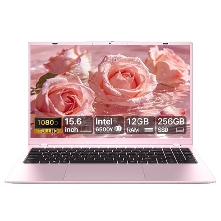 RNRUO 15.6" Laptop Computer, 12GB RAM 256GB SSD, Intel 6500Y with 2 Cores, FHD Display Windows 11 Home WiFi5 BT5.0 Type-C PD Numeric Keypad Laptop for Business, Study, Office, Pink