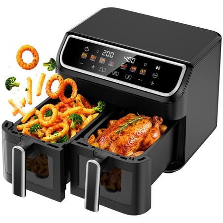 10QT Air Fryer Oven Dual Basket, SYNC Match Cook, Independent Dual Controls, 7 Food Presets, Roasting, Baking, Reheating, 1700W LED Color Display