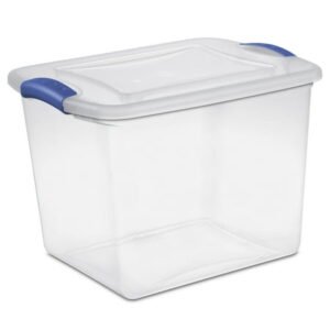 Sterilite 27 Quart Medium Latching Storage Bin, Clear Plastic Stoarge Conatiner with Latch Lid, Blue