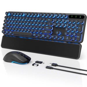 Wagpak Wireless Keyboard and Mouse Backlit - Retro Round Keycaps, Detachable Wrist Rest, Black, New, 1 Count