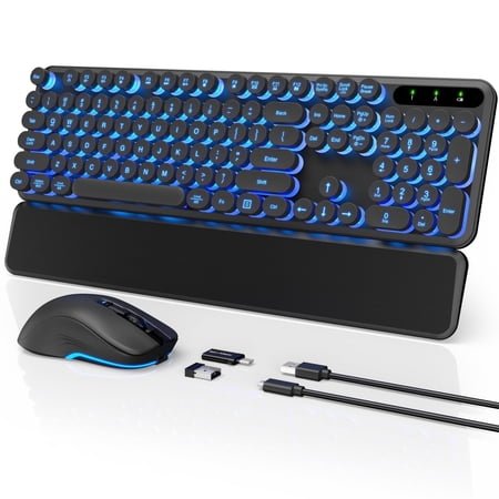 Wagpak Wireless Keyboard and Mouse Backlit - Retro Round Keycaps, Detachable Wrist Rest, Black, New, 1 Count