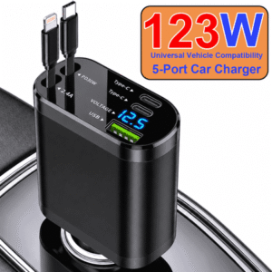 NIUTA® Car Charger USB C Fast Charge, 123W Retractable Car Charger Adapter with Dual Type C Retractable Cables, LED Voltage Display, Cigarette Lighter Adapter Fast Car Charger for iPhone 17/16/15