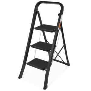 Primy 3 Step Ladder, Portable Folding Step Stool with Extra Wide Anti-Slip Pedal and Top Handrail, 350lbs Lightweight Sturdy Steel Ladders for Household Kitchen Office Outdoor