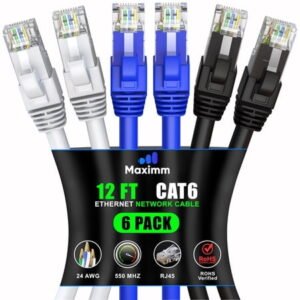 Maximm Cat 6 Ethernet Cable 12 ft (6-Pack) - High-Speed LAN Cable, Internet Cable, Patch Cable, and Network Cable - UTP, 10Gbps, 550MHz Ethernet Cord - Tricolor