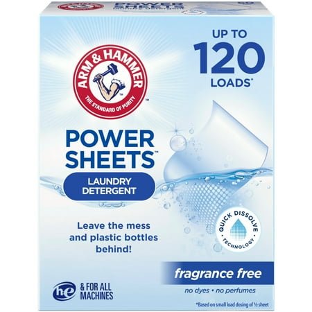 ARM & HAMMER Power Sheets Laundry Detergent, Fragrance Free, 60 Count, Up to 120 Small Loads