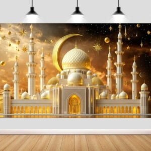 10 x 8 ft Ramadan Eid Mubarak Backdrop Decorations, Ramadan Lantern Light Moon Star Mosque Castle Pattern Backdrop Islamic Muslim Festival Party Background Banner Decoration Photo Banner Booth