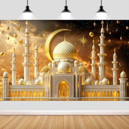 10 x 8 ft Ramadan Eid Mubarak Backdrop Decorations, Ramadan Lantern Light Moon Star Mosque Castle Pattern Backdrop Islamic Muslim Festival Party Background Banner Decoration Photo Banner Booth
